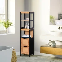 kleankin Badezimmerregal, Badeschrank, Küchenschrank, 2 Schubladen, 3 Ablagen, Bambus MDF, 30 x 30 x 144,3 cm(m-10)
