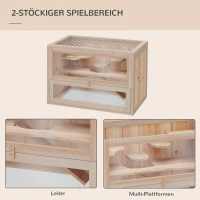 PawHut Hamsterkäfig aus Holz 2 Etagen 60 x 35 x 42 cm Nagerkäfig Kleintierkäfig mit aufklappbarem Gitterdach Trinkflasche Rampe Wippe Fütterungsstation Mäusekäfig für Zwerghamster Naturholz(m-4)