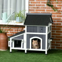 PawHut Outdoor-Katzenhaus, zweistöckig, Bodenabstand, Naturholz, Asphaltdach, grau, 96 x 65 x 85,5 cm(m-10)