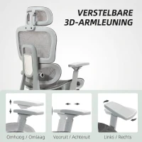 HOMCOM Bureaustoel, ergonomische bureaustoel met mesh-bekleding, verstelbaar, verrijdbaar, met armleuningen, hoofdsteun, grijs(m-7)