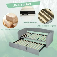 HOMCOM Lit Gigogne 90/180x190 cm, Canapé Lit Convertible 3 Places, Sommier à Lattes en Bois, Tête Rembourrée en Velours, Gris(m-7)