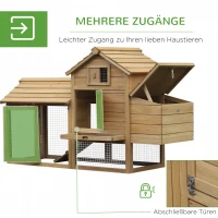 PawHut Hühnerstall Hühnerhaus aus Holz 151,5 x 54 x 87 cm, Freilaufgehege mit 2 Ebenen, 2 Türen, Nistkasten, wasserfestem Dach, Auslauf, Rampe, Hühnergehege für Garten, Natur(m-5)