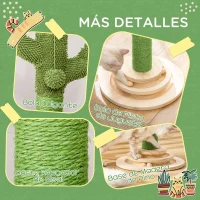 PawHut Poste Rascador para Gatos en Forma de Cactus Pequeño Árbol Rascador para Gatos con Poste de Sisal y Felpa Pelota Colgante y Base con Juego de Madera 32x32x60 cm Verde(m-5)