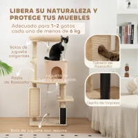 PawHut Árbol Rascador para Gatos 132 cm con Plataformas Poste con Cepillo Bolas Colgantes y Almohadilla para Rascar Beige(m-5)