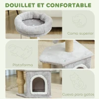 PawHut Árbol para Gatos Altura 66 cm Torre para Gatos con Cama Cueva Plataforma Bola Colgante y Poste de Yute Gris Claro(m-5)