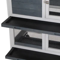 PawHut Conejera de Madera con Ruedas 147x45,5x88,5 cm Jaula para Conejos de 2 Niveles con Techo Abrible 2 Corrales de Metal 3 Bandejas Extraíbles 3 Puertas con Pestillo y Rampa Gris(m-8)