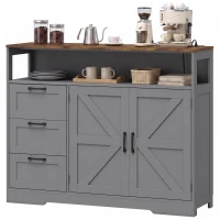 HOMCOM Sideboard Cabinet with Power Outlet, Farmhouse Kitchen Cabinet with 3 Drawers and Open Shelf, Grey(m-15)