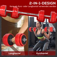 HOMCOM dumbbell et 20 kg 2-IN-1 dumbbells & barbells verstelbaar gewichtheffen voor thuis fitness spier staal PP-kunststof rood + zwart 21,5 x 21,5 x 3,8 cm(m-4)