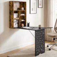 HOMCOM Folding Wall-Mounted Drop-Leaf Table, Convertible Wall Table With Chalkboard and Storage Shelf, Rustic Brown(m-2)