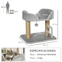 PawHut Árbol Rascador para Gatos Pequeños Altura 42 cm con Nido Bolas Colgantes y Postes de Sisal 48x38x42 cm Gris Claro(m-3)