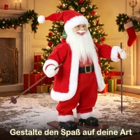 HOMCOM Zingende ski-kerstman, 66 cm, geanimeerde staande kerstfiguur met ski's, cadeautas en geluids-/aanraakactivatie(m-6)