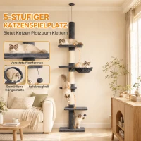 PawHut Plafondhoge krabpaal 225-255 cm, verstelbare kattenboom met 5 niveaus, 3 sisal krabpalen, hangmat en platformen(m-5)