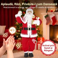 HOMCOM Moș Crăciun muzical animat, cu cap rotativ, 150 cm, roșu(m-5)