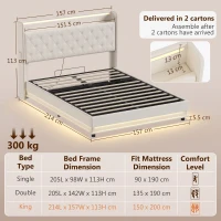 HOMCOM 5ft King Bed Frame with Headboard, Platform Bed Frame with Hydraulic Storage, LED Lights and Charging Station, White(m-3)