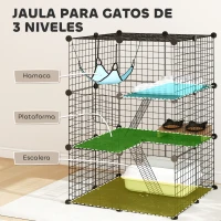 PawHut Jaula para Gatos Interior de 3 Niveles Recinto de Acero para Gatos con 3 Puertas 2 Escaleras Hamaca 70x70x105 cm Negro(m-5)