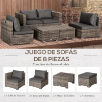 Outsunny Conjunto de Muebles de Jardín 8 Piezas de Ratán Sintético con 2 Mesas Reposapiés y Cojines para Patio Terraza Marrón y Gris(m-4)