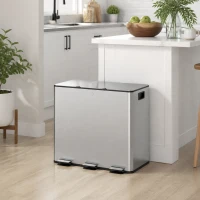 HOMCOM 3 x 15L Pedal Bin, Steel Triple Kitchen Bin with Soft Close Lid, Removable Inner Buckets, Fingerprint-Proof, Silver Tone(m-8)
