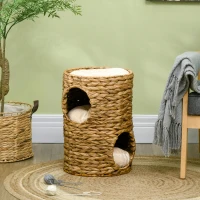 PawHut Kratztonne, 47 cm, 2 Höhlen, Kissen, Kratzbaum mit Katzenbett, Katzenturm aus Wasserhyazinthe, Hellbraun(m-7)