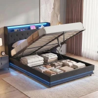 HOMCOM 4ft6 Double Bed Frame with Headboard, Platform Bed Frame with Hydraulic Storage, LED Lights and Charging Station, Black(m-2)