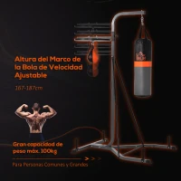 HOMCOM Saco de Boxeo Colgante con Bola de Velocidad Ajustable en Altura de 167-187 cm  e Inflador 115x157x221 cm Negro y Gris(m-6)