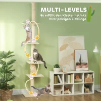 PawHut Krabpaal Plafondhoog, Verstelbaar 225-275 cm Kattenboom, Kattenkrabpaal met Krabpalen, 5 Platforms, Kattentoren voor middelgrote katten, Crèmewit(m-6)
