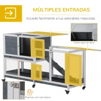 PawHut Conejera de Madera con Ruedas 147x45,5x88,5 cm Jaula para Conejos de 2 Niveles con Techo Abrible 2 Corrales de Metal 3 Bandejas Extraíbles 3 Puertas con Pestillo y Rampa Gris(m-5)