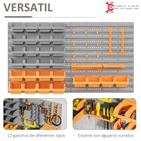 DURHAND Estantería de Pared para Herramientas 95x54 cm con 28 Cajas Apilables y Diferentes Ganchos Gris y Naranja(m-6)