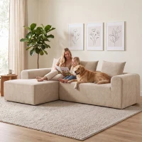 HOMCOM Narożnik z szezlongiem, bezramowa sofa w kształcie L z chenille, głębokie siedzisko, sprężyny kieszeniowe, beżowy(m-5)