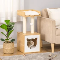 PawHut Katzenhöhle Katzenbett mit waschbarem Kissen, Plattform, Kratzsäule, Spielball, Katzenhaus für Katzen für Indoor 35 x 35 x 81 cm Eiche(m-2)