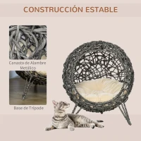 PawHut Cama Cueva de Ratán para Gatos o Mascotas Pequeña con Base Trípode Cojín de Felpa y Algodón Suave Diseño Elevado Estable Φ52x58 cm Gris(m-6)