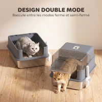 PawHut Bac à Litière pour Chat en Acier Inox. 2 en 1 Couvercle Pelle Filtres Sacs Désodorisants Grande Taille 48x38x34cm Gris(m-4)