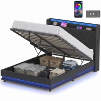 HOMCOM 4ft6 Double Bed Frame with Headboard, Platform Bed Frame with Hydraulic Storage, LED Lights and Charging Station, Black(m-15)