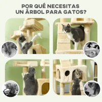 PawHut Árbol Rascador para Gatos, Árbol para Gatos 173 cm, Torre Escalador con 2 Cuevas, 3 Camas, 2 Rampas, Postes de Sisal, 2 Ratones Colgantes, Beige(m-7)