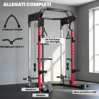 SPORTNOW Power Tower con Sistema di Cavi Pulley Regolabili, Rack Palestra Multifunzione con Barre Trazioni e Dip, Ganci J, Squat Rack, Supporto Landmine, Capacità 900 kg(m-6)