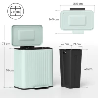 HOMCOM Küchenmülleimer, 2 x 20 L-Fächer, effiziente Mülltrennung, Fußpedal, Kunststoff, Metall, Grün(m-3)