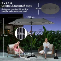 Outsunny Umbrelă dublă cu bază în formă de cruce și lumini solare, 295x150x219cm, gri(m-3)