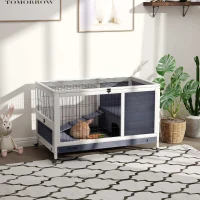 PawHut Kaninchenstall aus Holz Hasenstall mit Rädern Klappdach Rampe Ausziehbarem Tablett Winterfest Meerschweinchenstall Kleintierstall Kaninchenkäfig für Innen, draußen 90 x 53 x 59 cm Weiß(m-10)