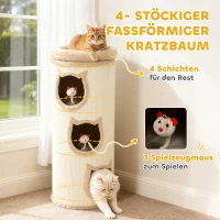 PawHut Kattenkrabton, 96 cm, 4-laags kattentoren met wasbaar bed, 3 slaapgaten, hangend speeltje, voor meerdere katten grijs(m-4)