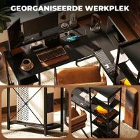 HOMCOM L-vormig bureau met oplaadstation, hoekcomputertafel met monitorstandaard en planken, voor thuiskantoor, kantoor, zwart(m-6)