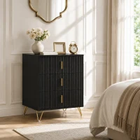 HOMCOM Modern 3-Drawer Dresser, Fluted Bedroom Dresser Chest of Drawers with Metal Legs and Steel Handles for Bedroom, Black(m-2)