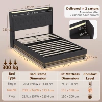 HOMCOM 4ft6 Double Bed Frame with Headboard, Platform Bed Frame with Hydraulic Storage, LED Lights and Charging Station, Black(m-3)