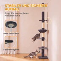 PawHut Plafondhoge krabpaal 225-255 cm, verstelbare kattenboom met 5 niveaus, 3 sisal krabpalen, hangmat en platformen(m-7)