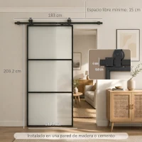 HOMCOM Puerta Corredera de Cristal con Herrajes Mecanismo Cierre Suave para Baño Salón 91,4x203,2 cm Negro(m-3)