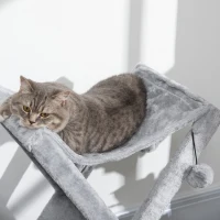 PawHut Árbol Rascador para Gatos 54,5x32x65 cm Plegable con Cueva Hamaca Alfombrilla Rascadora de Sisal Bolas Colgantes para Espacios Reducidos Juego y Descanso Gris(m-8)