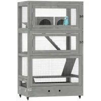 PawHut 4-laags houten hamsterkooi, met huisjes, wip, voederbakken, rampen, wielen, 65 x 45 x 109 cm, grijs(m-1)