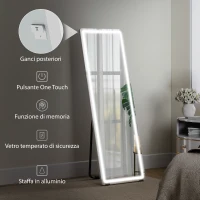 HOMCOM Specchio a Figura Intera con Luci, 150x50 cm LED con Illuminazione a 3 Colori, Libero in Piedi, Appoggiato o Montato a Parete Trasparente(m-7)