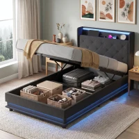 HOMCOM 3ft Single Bed Frame with Headboard, Platform Bed Frame with Hydraulic Storage, LED Lights and Charging Station, Black(m-9)
