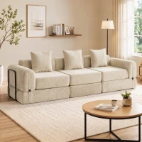 HOMCOM Sofá-Cama Dobrável 245 cm Sofá Comprimido 3 Lugares Modular em Chenille com Assento Largo 3 Almofadas Bege(m-2)
