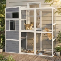 PawHut Buitenkattenren houten kattenhuis met 3 platformen, weerbestendig dak, rustgedeelte voor 3-4 katten tot 10 kg Grijs(m-2)