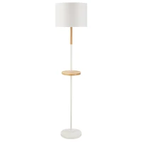 HOMCOM Lámpara de Pie con Estante de Madera Pantalla de Tela Casquillo E27 Máx. de 40W y Interruptor de Pie Moderno para Salón Dormitorio Estudio Ø35x155 cm Blanco(m-1)
